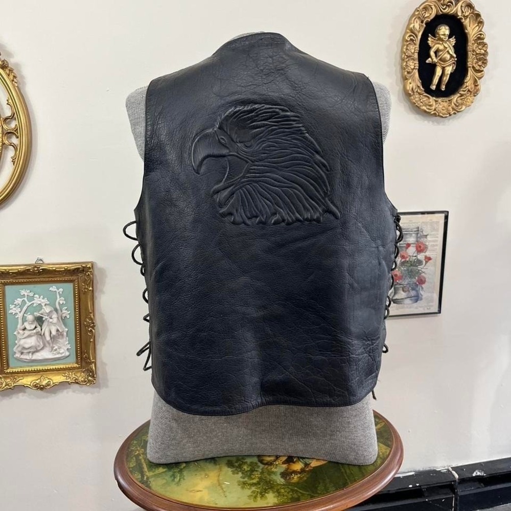 Vintage Wilsons Leather Black Biker Vest with Embossed Eagle Back – Size XL